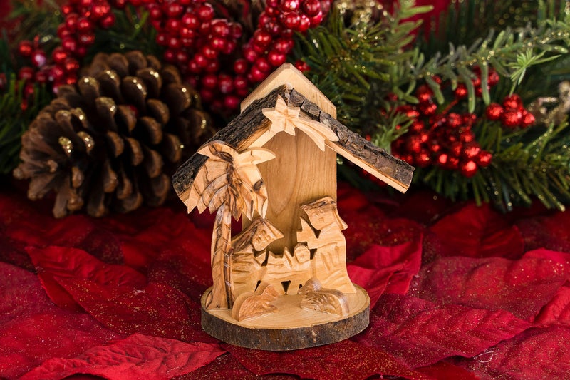 Logos Trading Post Holy Land Olive Wood Nativity Scene, Christmas Ornament 3D Grotto Bark- Made in Bethlehem - Medium - Image 2